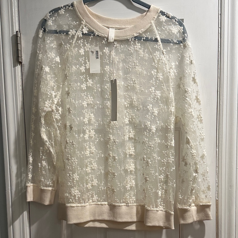 Line & Dot Sheer Floral Lace Pullover - Ivory/Cream